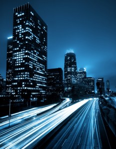 Futuristic Urban City with Freeway Traffic, Down Town Los Angele