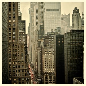 Rush hour on 42nd Street in New York City with Instagram effect