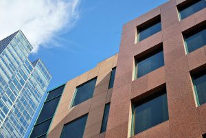 Office building with a skyrise in the background